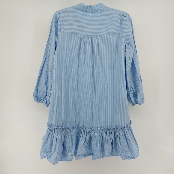 ANTHROPOLOGIE Blue Striped Shirtdress Size M Ruffle Hem Button Up Balloon Sleeve - Picture 11 of 11